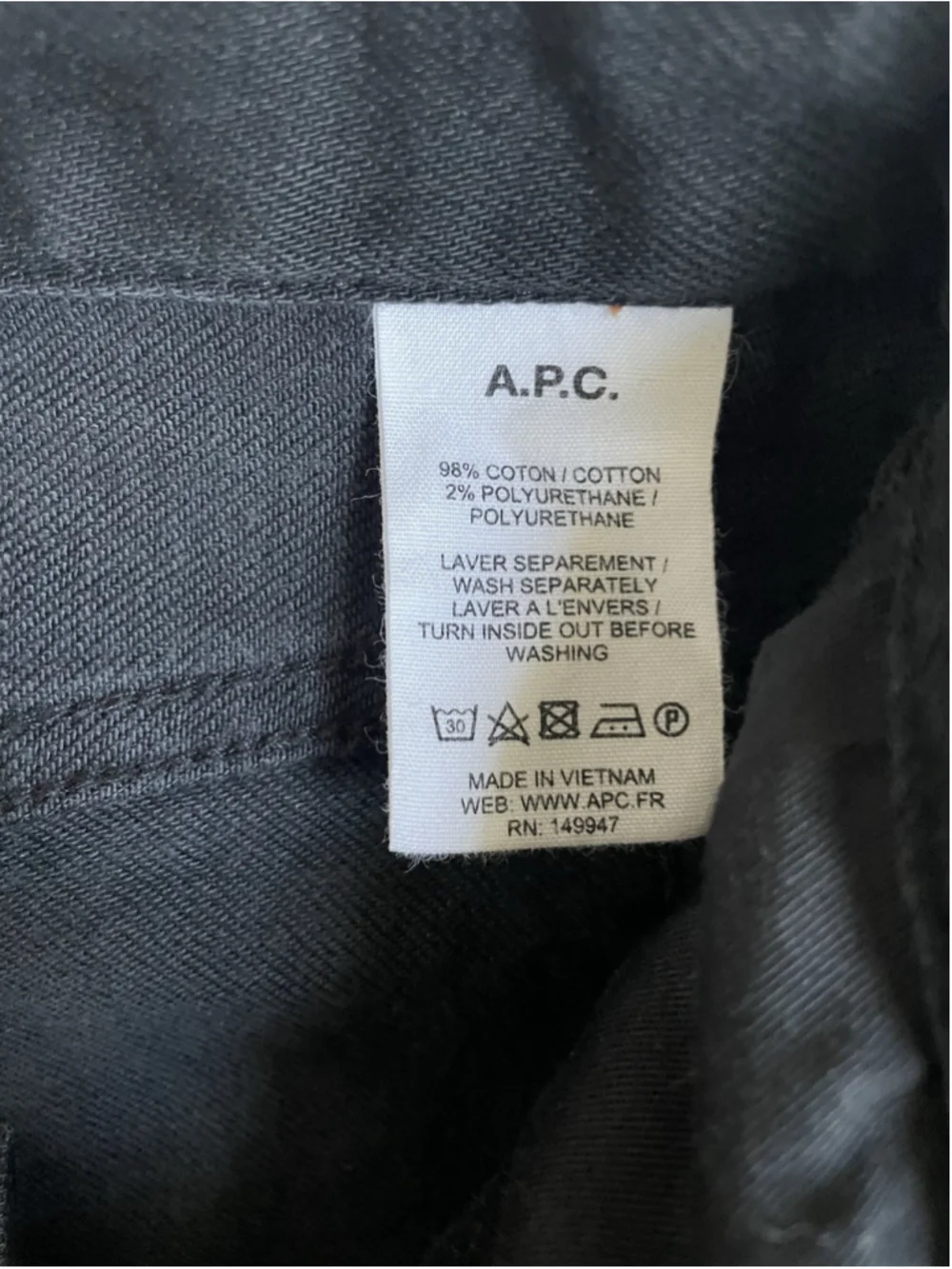 APC Jeans Mens 34X33 Black Petit New Standard Button Fly Denim Pants Slim Skinny